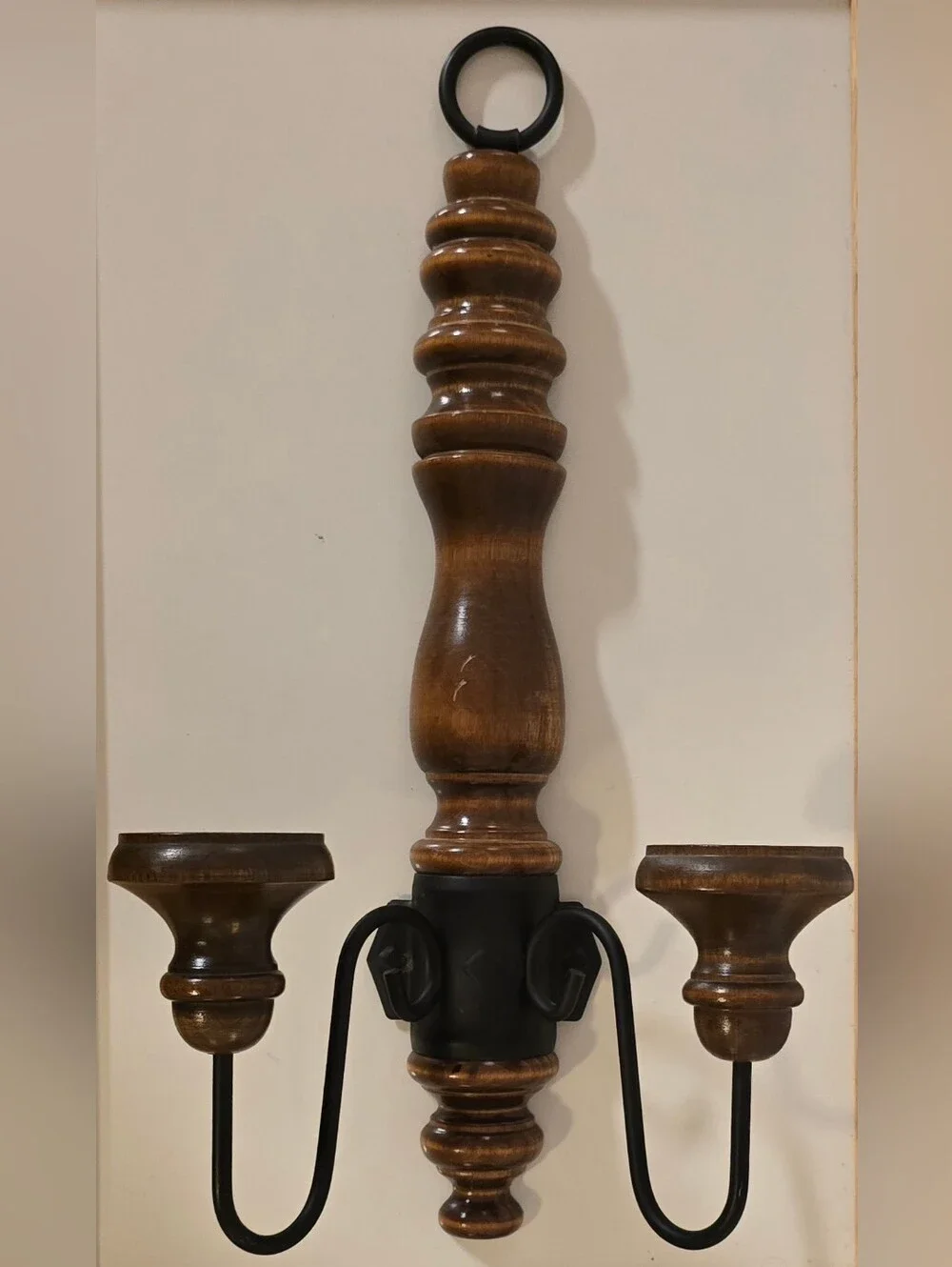 Vintage HOMCO Wood and Wrought Iron Double Candle Wall Sconce